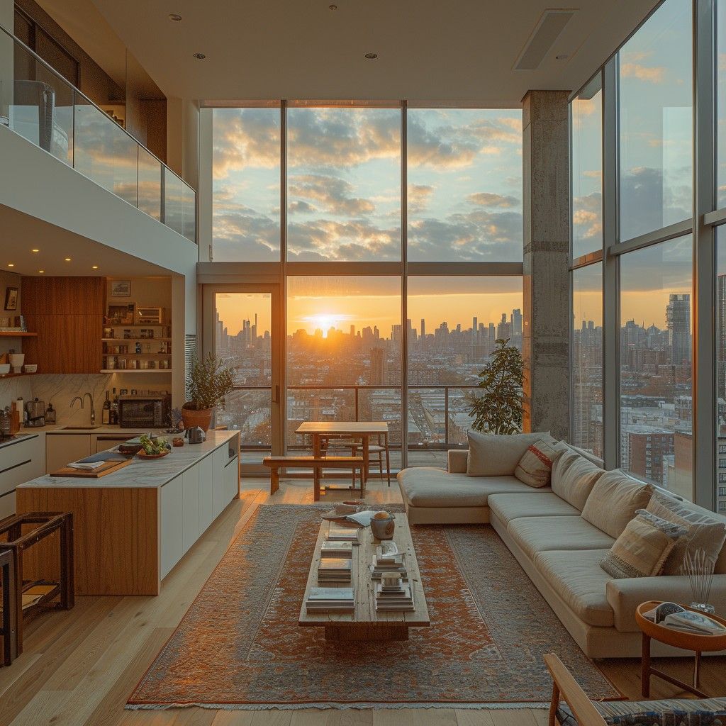 A bright, wide-angle view of a luxury penthouse living room featuring floor-to-ceiling windows, light oak hardwood flooring, and a low-profile cream sofa, designed with a sophisticated, minimalist Seoul apartment aesthetic.