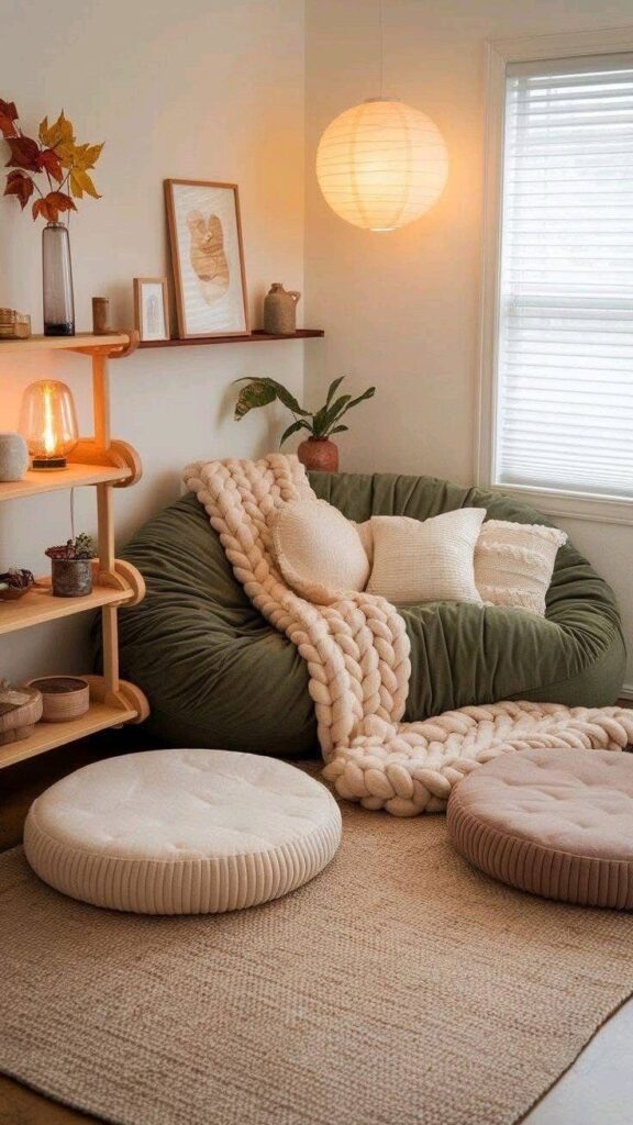 Cozy & simple reading nook with paper lantern lamp